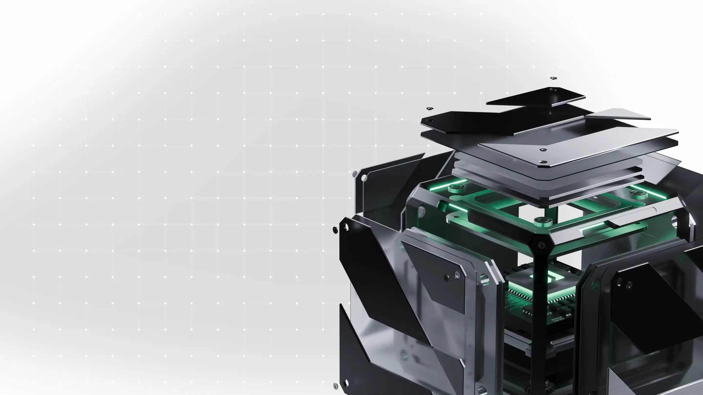 Exploded view of the Evolv3D cube render, panels lifting away to reveal the internal circuit boards